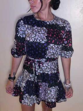 Floral Patchwork Mini Ruffle Dress in Black & Purple